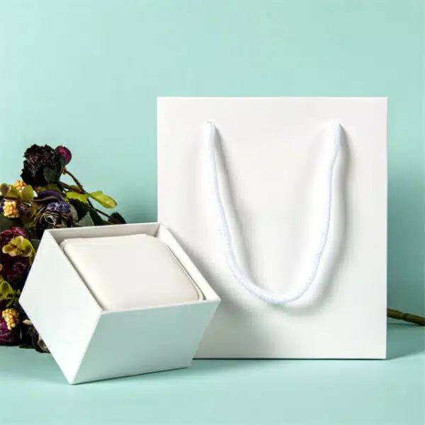 display the custom reusable gift paper bag with a box beside