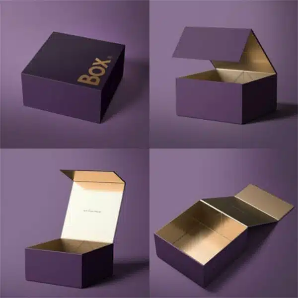 display the purple custom one piece gift box in four different postures