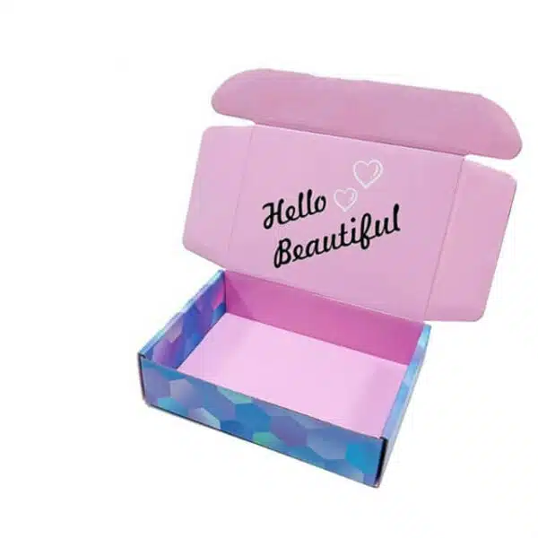 display the pink inside of the custom rectangle corrugated roll end tuck top box