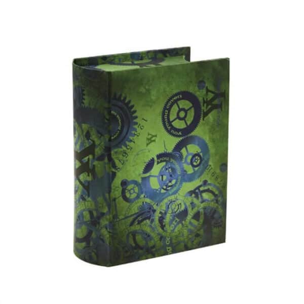 prikažite gornji i bočni dio prilagođene zelene ukrasne magnetske kutije u stilu knjige