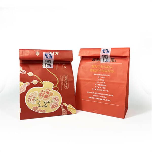 display the front and back of two red Custom Printed SOS Paper Bags
