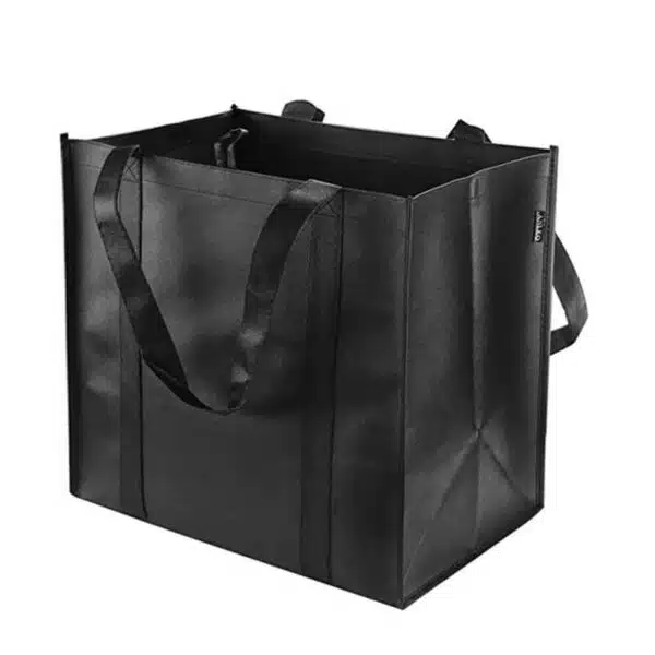 แสดงด้านหน้าและด้านข้างของถุงขายของชำที่ใช้งานหนักแบบใช้ซ้ำได้สีดำพร้อมที่จับเสริม