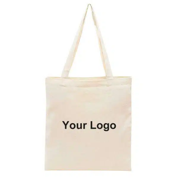 една торбичка за повеќекратна употреба во економичен стил со зборовите „вашето лого“ на предната страна