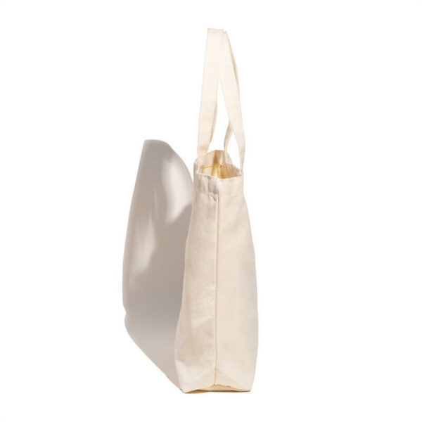 display the side of a custom reusable bag with bottom gusset