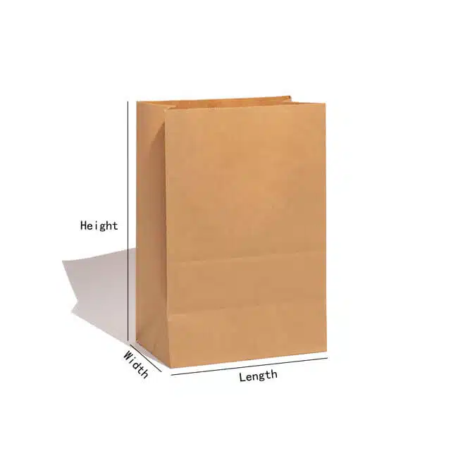 една прилагодена крафт SOS хартиена кеса означена со должина, ширина и висина