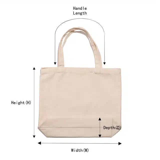 една празна сопствена платнена торба означена со ширина, длабочина и висина и должина на рачката