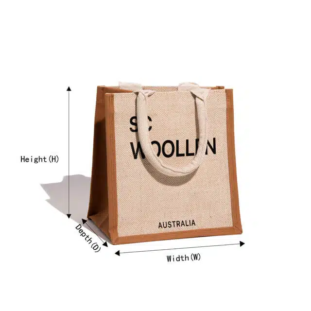 една прилагодена јутана торба означена со ширина, длабочина и висина