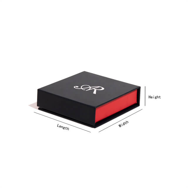 една црна и црвена цврста кутија за магнетно затворање означена со должина, ширина и висина