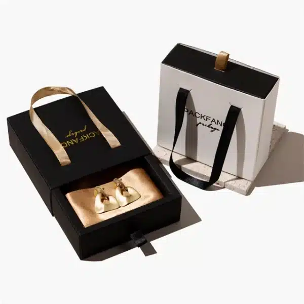 magpakita ng dalawang Custom Rigid Drawer Jewelry Box na may Handle sa itim at puti