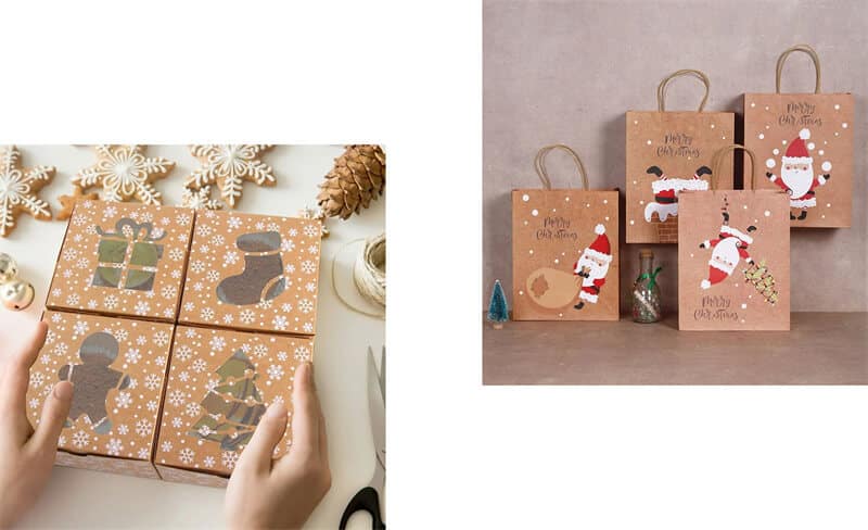 several kraft boxes with Christmas symbol patch windows and snow patterns printed on them and there are a bunch of kraft paper bags with Santa Claus printed on them