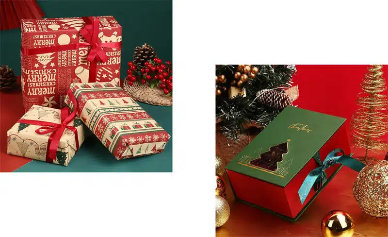 three gifts wrapped with custom Christmas theme wrapping paper and one custom luxury rigid box with Christmas theme