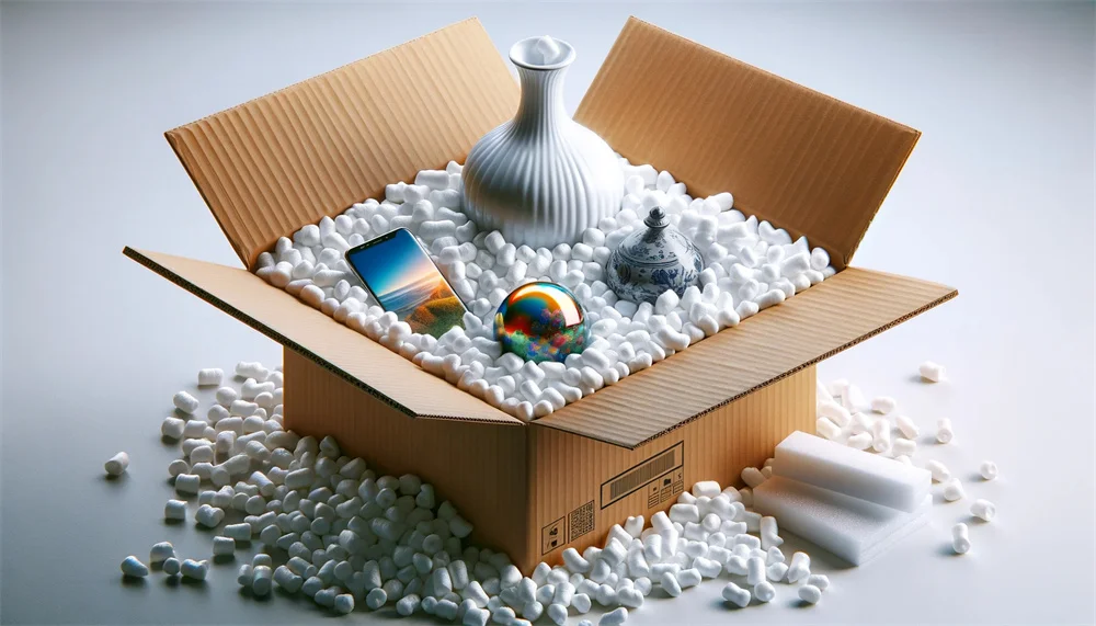 Uma caixa de papelão aberta cheia de amendoins de espuma branca, contendo um vaso de porcelana, uma bolinha de vidro colorida e um smartphone moderno, inserida em um ambiente claro e com iluminação natural.