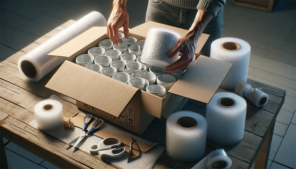 Cena realista de copos de cerâmica sendo cuidadosamente embalados em uma caixa de papelão com plástico bolha como preenchimento de vazios em uma mesa de madeira, destacando precisão e proteção na embalagem.