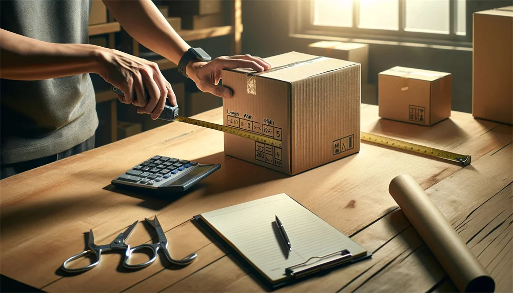 A person's hands measuring the dimensions of a cardboard box to calculate its volume, try to calculate the cardboard box weight".