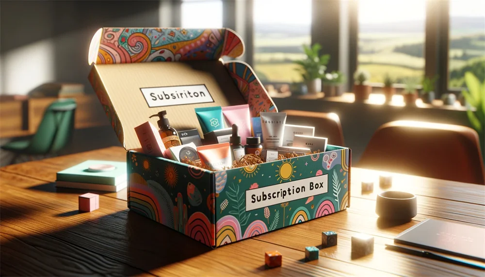 ენერგიული, ფერადი დიზაინის სააბონენტო ყუთი, რომელიც შეიცავს სილამაზის პროდუქტების ასორტიმენტს, განთავსებულია ხის მაგიდაზე ოთახში, სადაც მზის შუქი მიედინება ფანჯრებიდან.