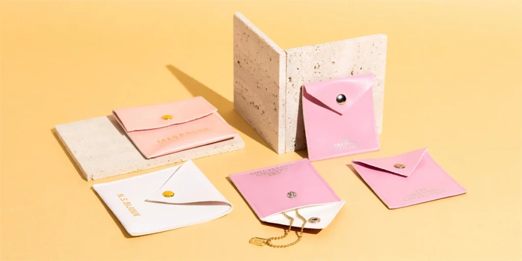 Hot Foil Stamping VS Spot UV - ყველაფერი, რაც გსურთ იცოდეთ 3 აჩვენეთ მორგებული ტყავის სამკაულების ჩანთები ვერცხლის და ოქროს ფოლგის ლოგოთი ერთ ნათელ ყვითელ ფონზე