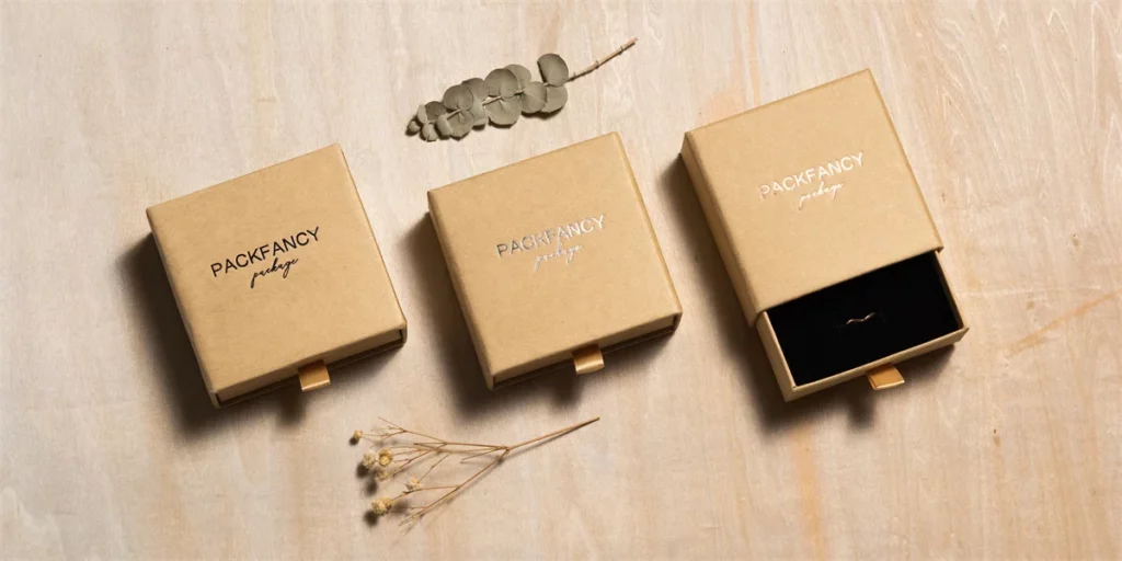 Hot Foil Stamping VS Spot UV - ყველაფერი, რაც გსურთ იცოდეთ 7 აჩვენეთ სამი მორგებული კრაფტის უჯრის ყუთი ვერცხლის ფოლგის ლოგოთი ერთი ხის დაფის ფონზე