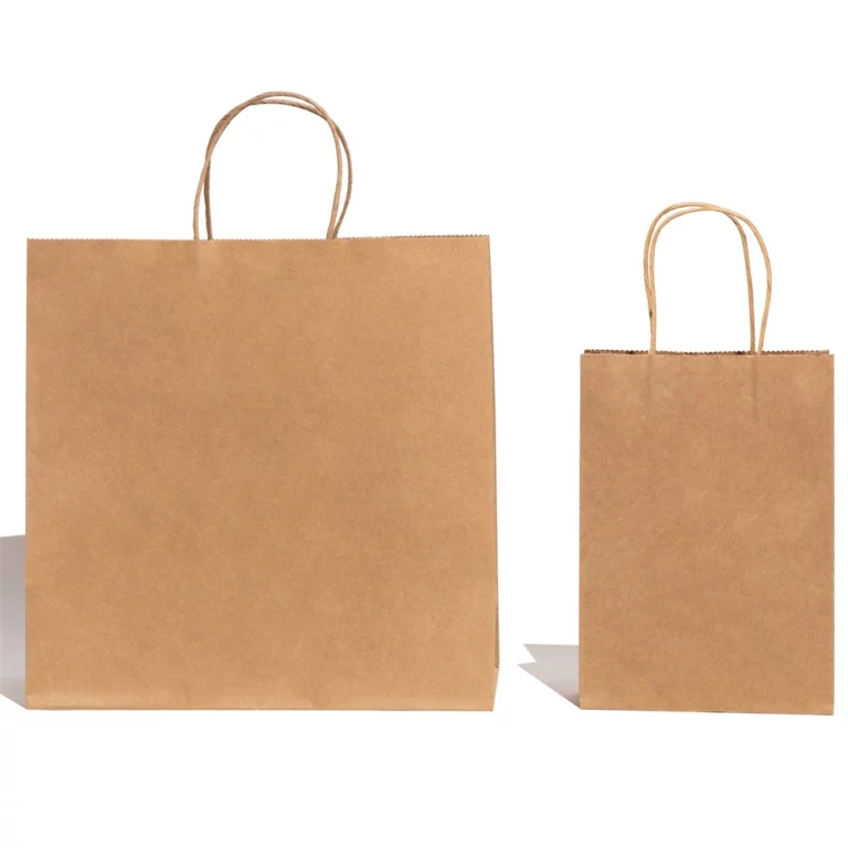 აჩვენეთ მორგებული კრაფტის ქაღალდის ჩანთების წინა მხარე გრეხილი სახელურით