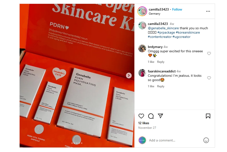 An eye-catching orange skincare PR package featuring Genabelle's PDRN rejuvenating products, including toner, ampoule, mask, and cream.