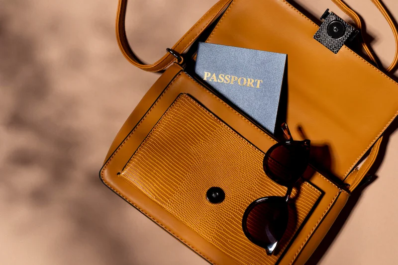 ადგილზე გაშლილი ჩანთაა დადებული და მასზე სათვალეა.