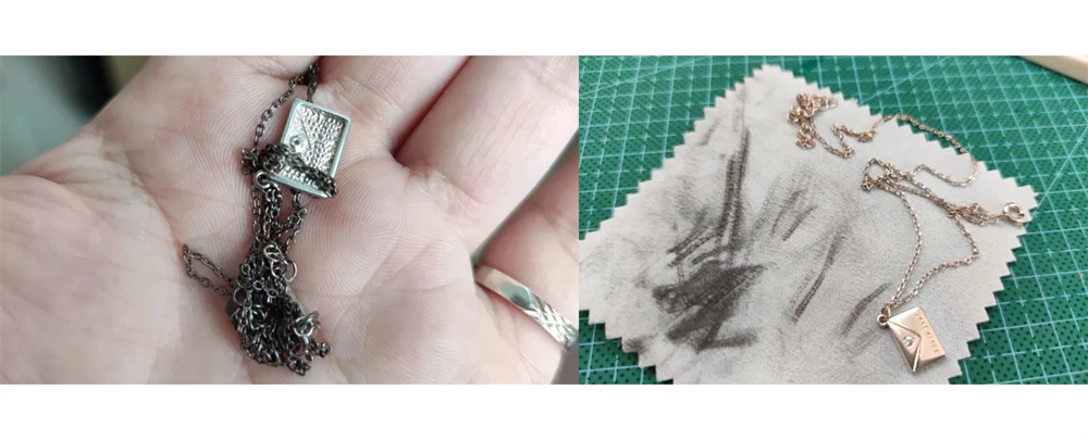 ჩანს, რომ ერთი ყელსაბამი სამკაულების გასაპრიალებელი ქსოვილით გაპრიალების შემდეგ კვლავ ბრწყინავს, ხოლო გასაპრიალებელი ქსოვილი შავდება.