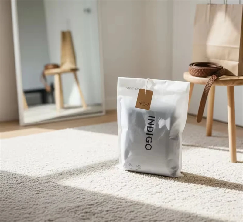 there is one glasssine paper bag containing a piece of clothing stand on the carpet
