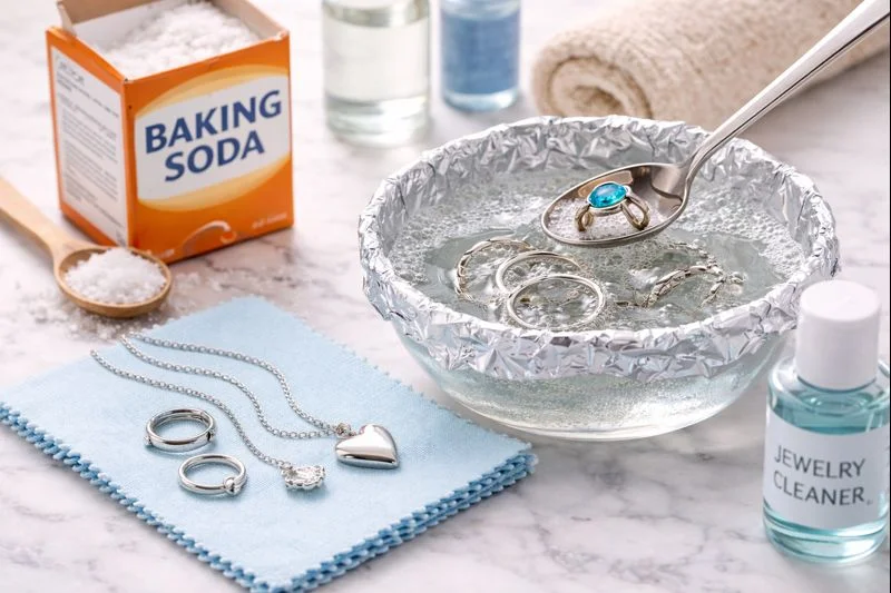 ვერცხლის სამკაულები იწმინდება ალუმინის ფოლგით დაფენილ შუშის თასში, რომელშიც ცხელი წყალი და საცხობი სოდაა მოთავსებული, ახლოს კი სამკაულების გასაპრიალებელი ქსოვილი და საწმენდი საშუალებებია მოთავსებული.