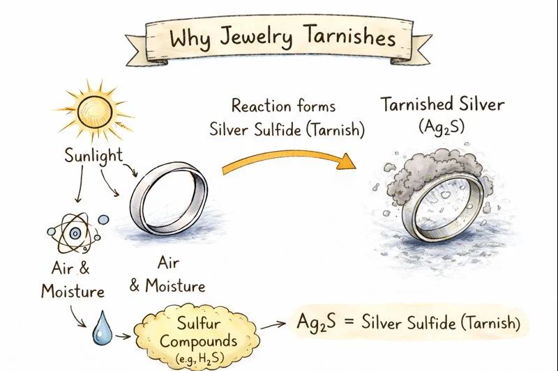 Hand-drawn diagram showing why jewelry tarnishes, illustrating a clean silver ring reacting with air, moisture, and sulfur compounds to form tarnished silver (silver sulfide).