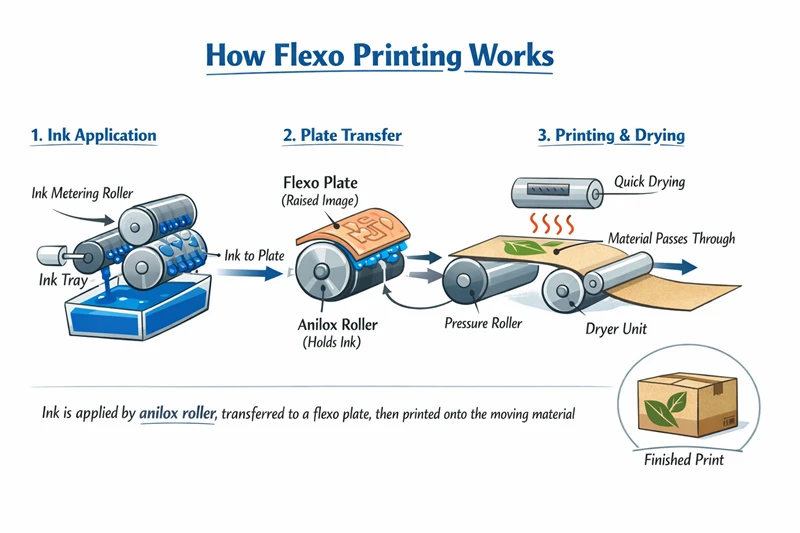 an illustration explains the working princile of flexo printing