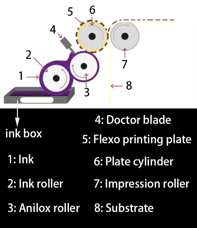 Vereinfachtes Diagramm des Arbeitsablaufs im Flexodruck.