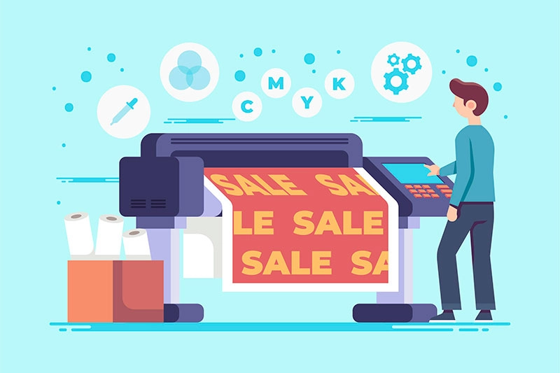 Da ist ein Mann, der die Digitaldruckanlage bedient, und da sind vier Zeichen: CMYK