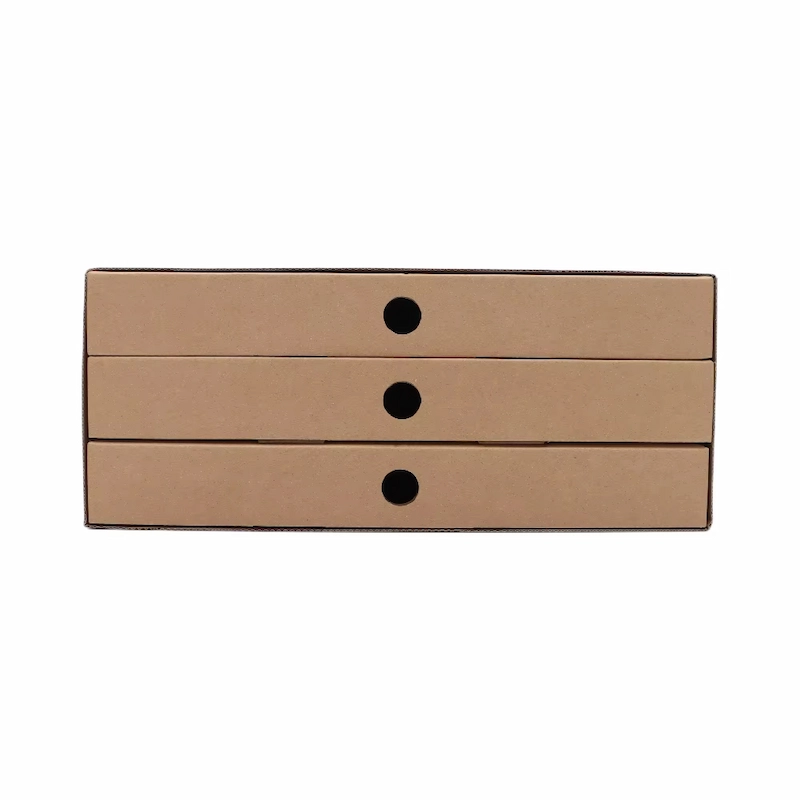 display the sides of three pizza box with ventilation hole design