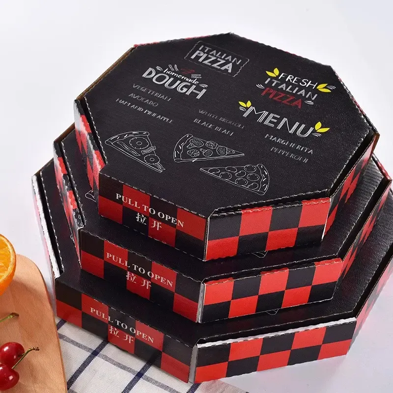 there are three polygon pizza boxes in different sizes stack together