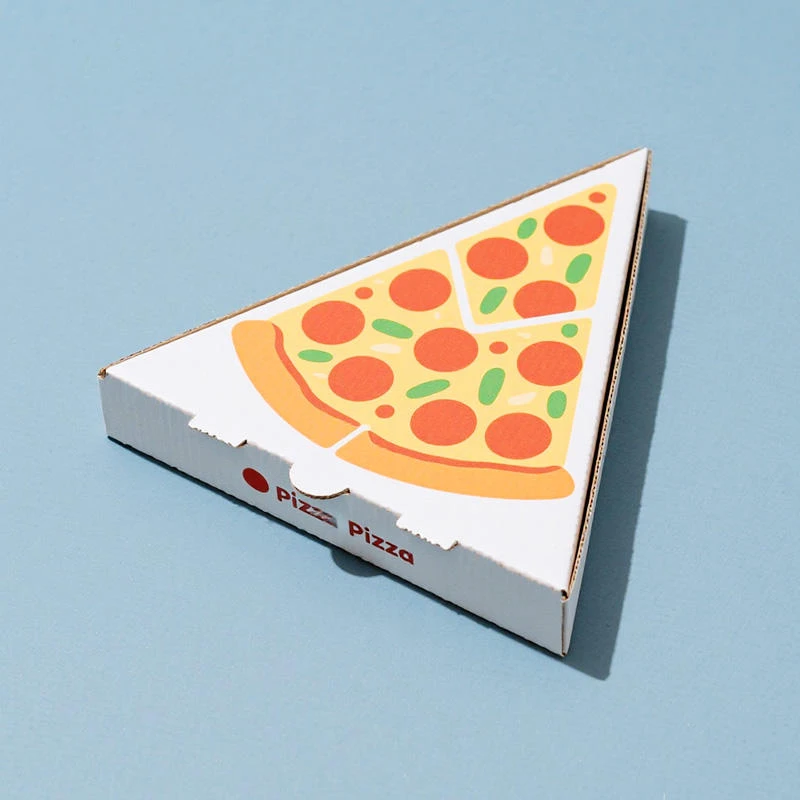 there is a triangle pizza box against the blue background