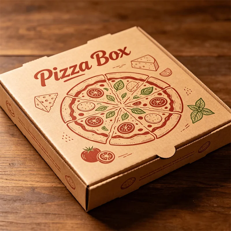 there is a square pizza box on a wooden table